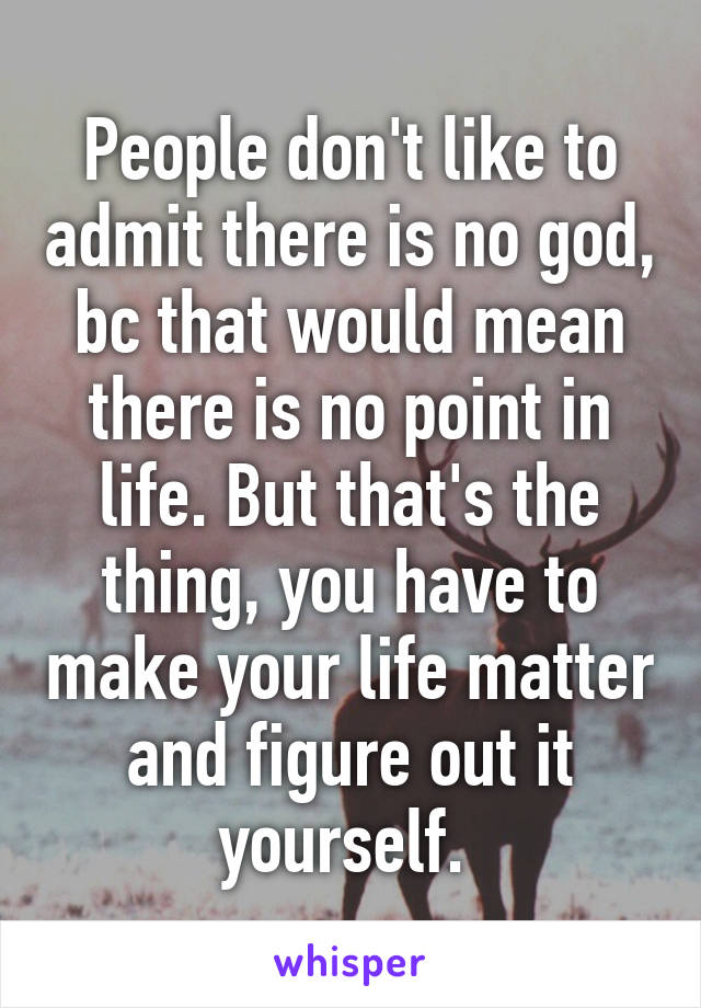 People don't like to admit there is no god, bc that would mean there is no point in life. But that's the thing, you have to make your life matter and figure out it yourself. 