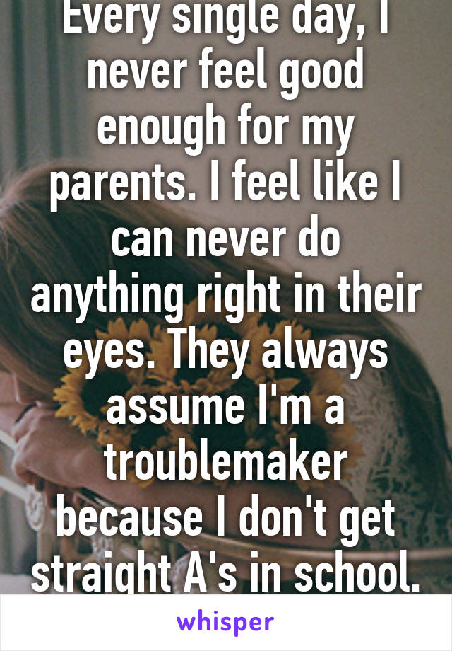 Every single day, I never feel good enough for my parents. I feel like I can never do anything right in their eyes. They always assume I'm a troublemaker because I don't get straight A's in school. 