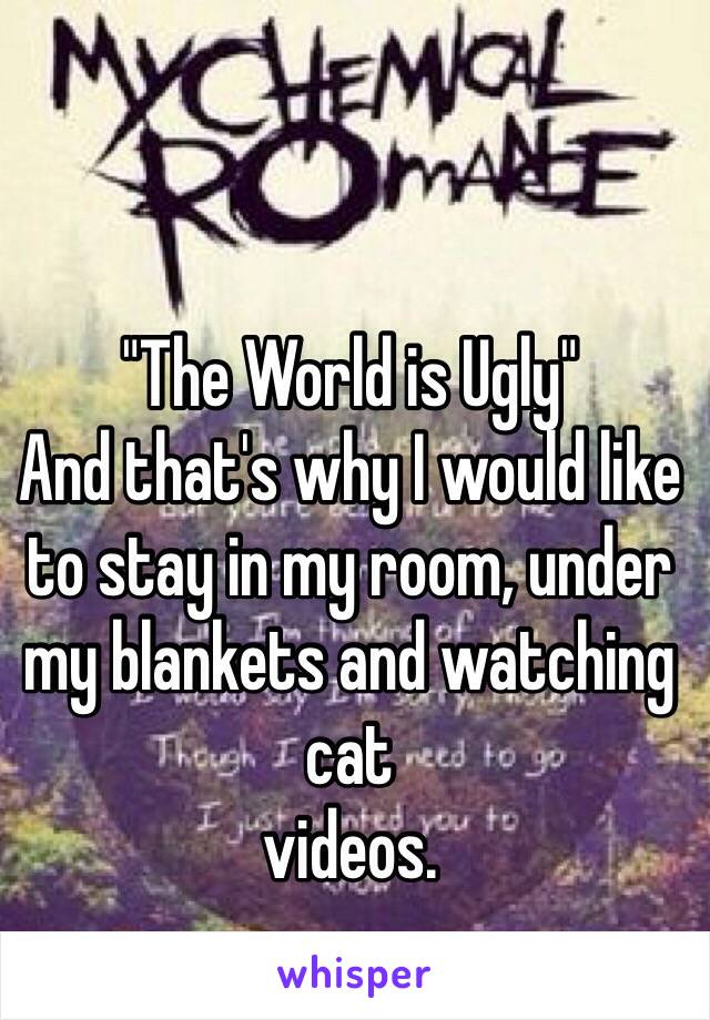 "The World is Ugly"
And that's why I would like to stay in my room, under my blankets and watching cat 
videos.