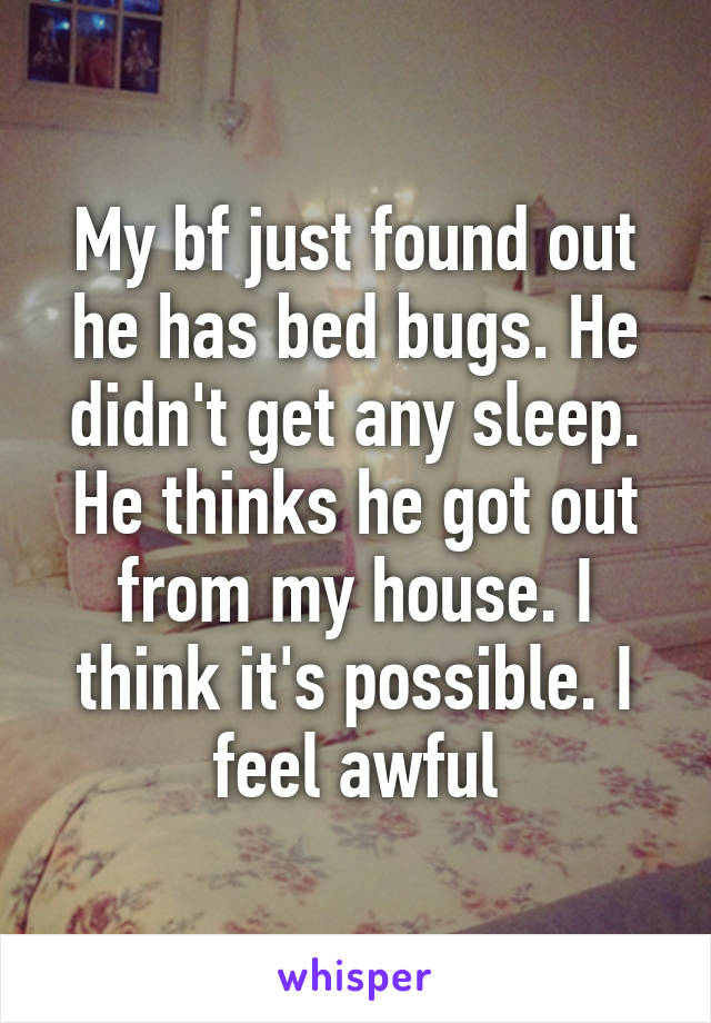 My bf just found out he has bed bugs. He didn't get any sleep. He thinks he got out from my house. I think it's possible. I feel awful