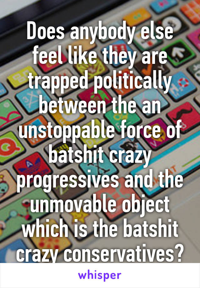 Does anybody else feel like they are trapped politically between the an unstoppable force of batshit crazy progressives and the unmovable object which is the batshit crazy conservatives?