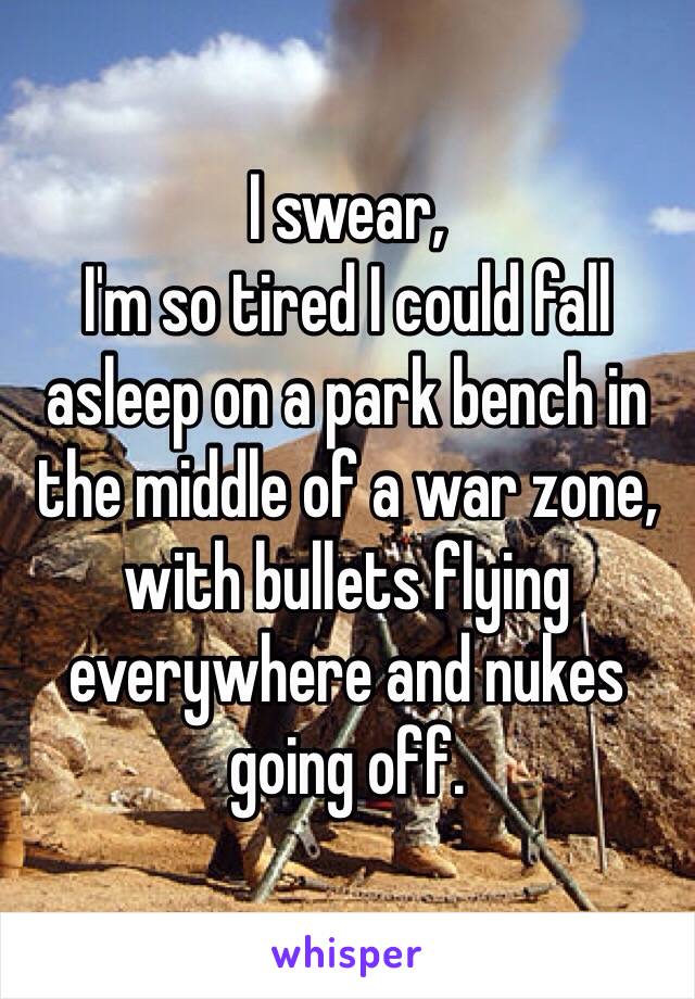 I swear,
I'm so tired I could fall asleep on a park bench in the middle of a war zone, with bullets flying everywhere and nukes going off.
