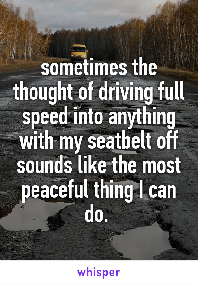 sometimes the thought of driving full speed into anything with my seatbelt off sounds like the most peaceful thing I can do. 