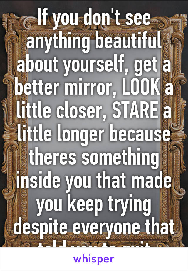 If you don't see anything beautiful about yourself, get a better mirror, LOOK a little closer, STARE a little longer because theres something inside you that made you keep trying despite everyone that told you to quit