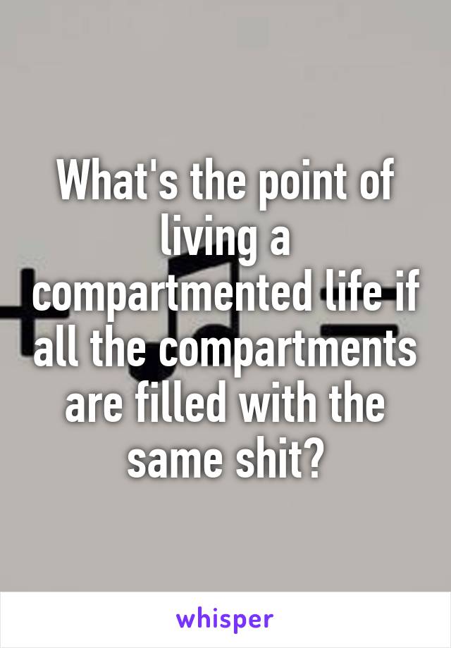 What's the point of living a compartmented life if all the compartments are filled with the same shit?