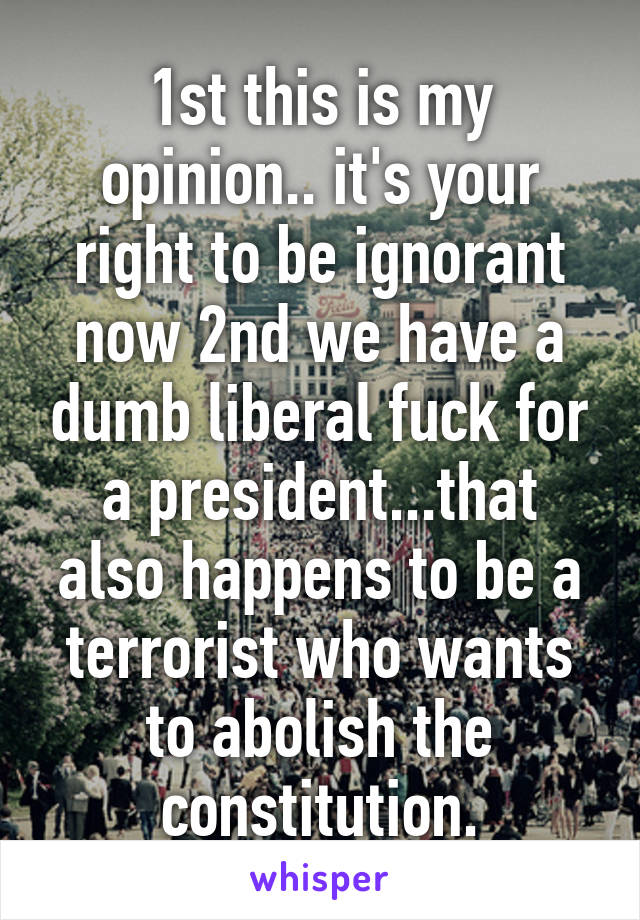 1st this is my opinion.. it's your right to be ignorant now 2nd we have a dumb liberal fuck for a president...that also happens to be a terrorist who wants to abolish the constitution.