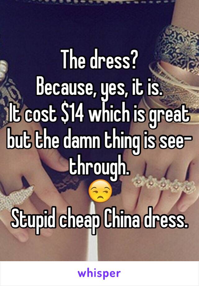 The dress?
Because, yes, it is.
It cost $14 which is great but the damn thing is see-through.
😒
Stupid cheap China dress.