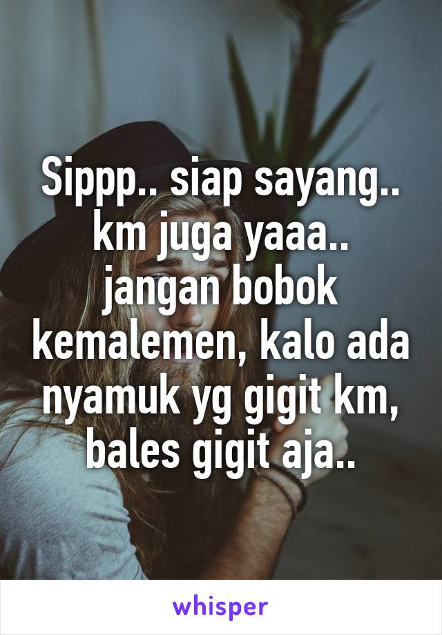 Sippp.. siap sayang.. km juga yaaa.. jangan bobok kemalemen, kalo ada nyamuk yg gigit km, bales gigit aja..