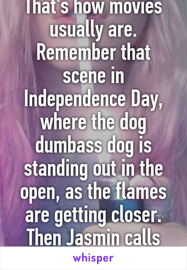 That's how movies usually are.
Remember that scene in Independence Day, where the dog dumbass dog is standing out in the open, as the flames are getting closer.
Then Jasmin calls for it?