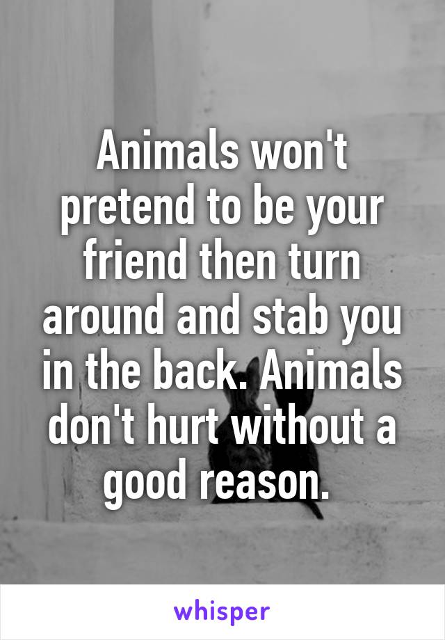 Animals won't pretend to be your friend then turn around and stab you in the back. Animals don't hurt without a good reason. 