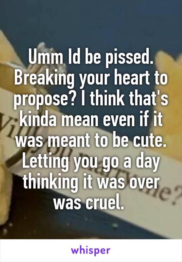 Umm Id be pissed. Breaking your heart to propose? I think that's kinda mean even if it was meant to be cute. Letting you go a day thinking it was over was cruel. 