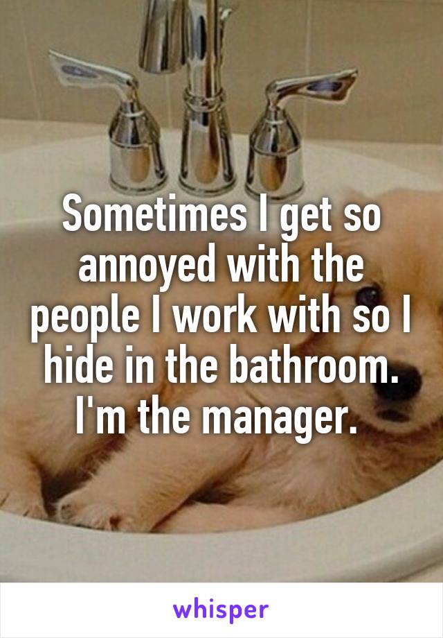 Sometimes I get so annoyed with the people I work with so I hide in the bathroom. I'm the manager. 