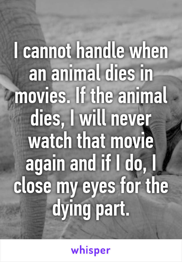 I cannot handle when an animal dies in movies. If the animal dies, I will never watch that movie again and if I do, I close my eyes for the dying part.