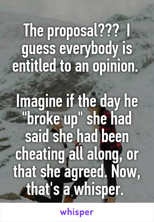 The proposal???  I guess everybody is entitled to an opinion. 

Imagine if the day he "broke up" she had said she had been cheating all along, or that she agreed. Now, that's a whisper. 