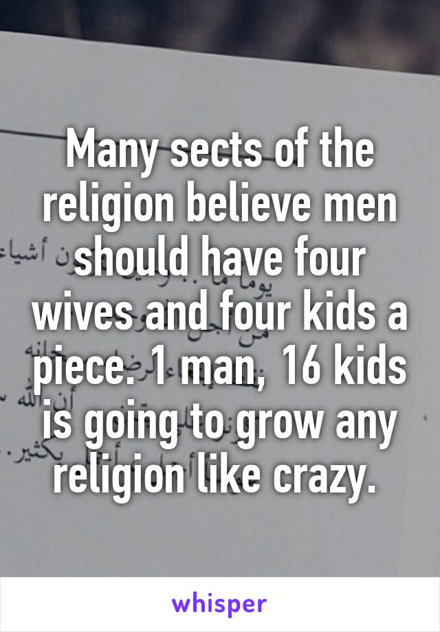 Many sects of the religion believe men should have four wives and four kids a piece. 1 man, 16 kids is going to grow any religion like crazy. 