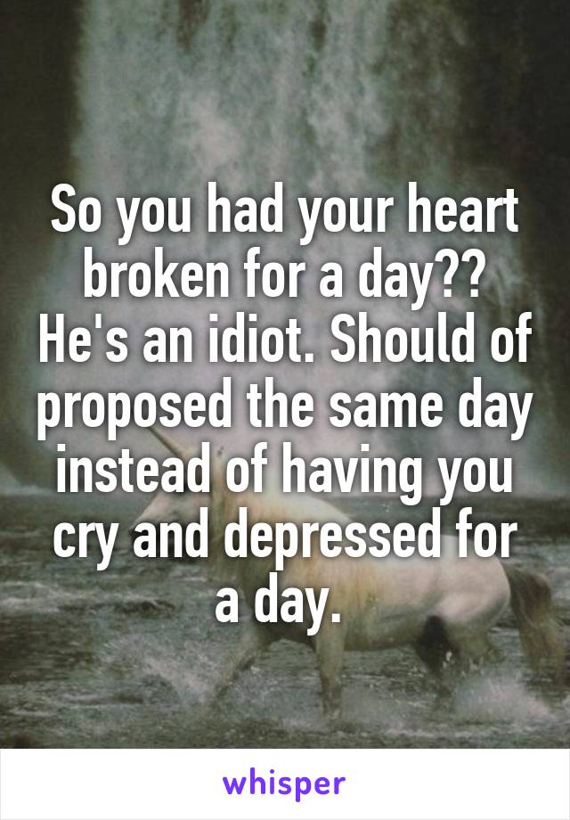 So you had your heart broken for a day?? He's an idiot. Should of proposed the same day instead of having you cry and depressed for a day. 