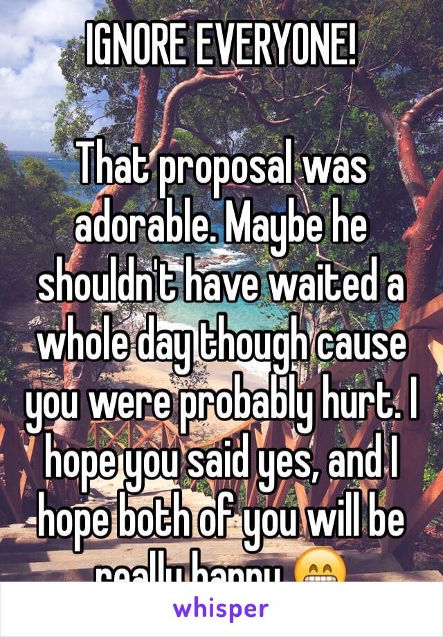 IGNORE EVERYONE! 

That proposal was adorable. Maybe he shouldn't have waited a whole day though cause you were probably hurt. I hope you said yes, and I hope both of you will be really happy.😁