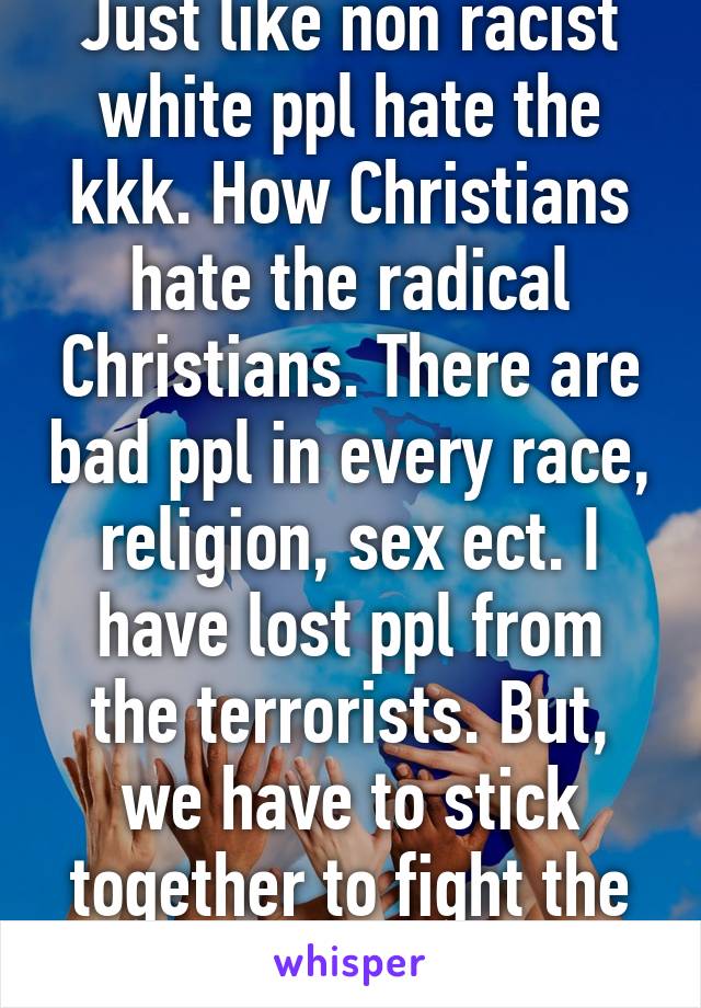 Just like non racist white ppl hate the kkk. How Christians hate the radical Christians. There are bad ppl in every race, religion, sex ect. I have lost ppl from the terrorists. But, we have to stick together to fight the real bad guys!