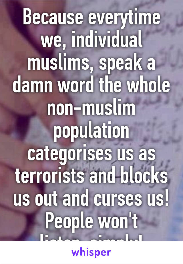 Because everytime we, individual muslims, speak a damn word the whole non-muslim population categorises us as terrorists and blocks us out and curses us! People won't listen..simply!