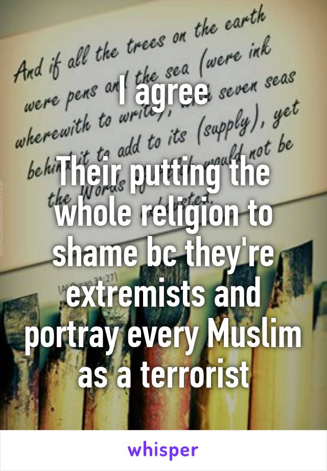 I agree

Their putting the whole religion to shame bc they're extremists and portray every Muslim as a terrorist