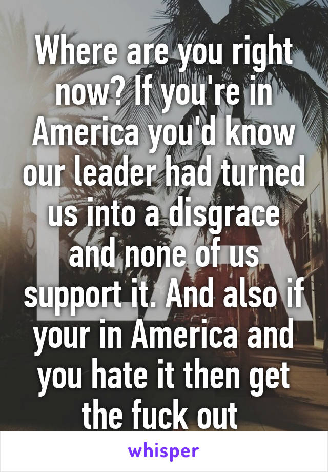 Where are you right now? If you're in America you'd know our leader had turned us into a disgrace and none of us support it. And also if your in America and you hate it then get the fuck out 