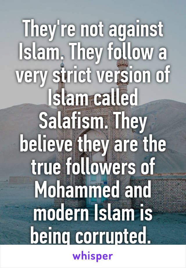 They're not against Islam. They follow a very strict version of Islam called Salafism. They believe they are the true followers of Mohammed and modern Islam is being corrupted. 