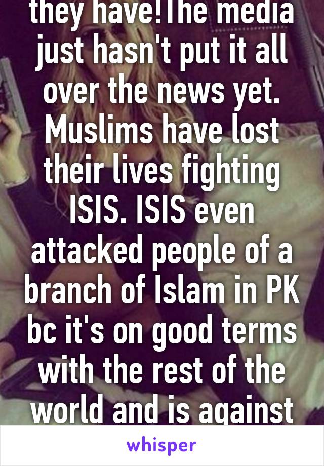 they have!The media just hasn't put it all over the news yet.
Muslims have lost their lives fighting ISIS. ISIS even attacked people of a branch of Islam in PK bc it's on good terms with the rest of the world and is against ISIS