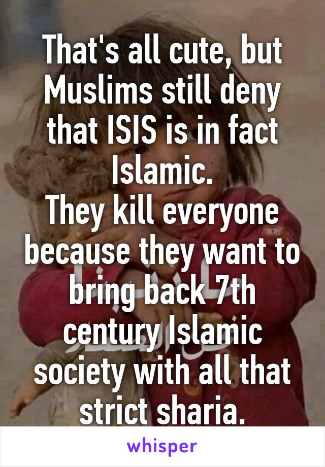 That's all cute, but Muslims still deny that ISIS is in fact Islamic.
They kill everyone because they want to bring back 7th century Islamic society with all that strict sharia.