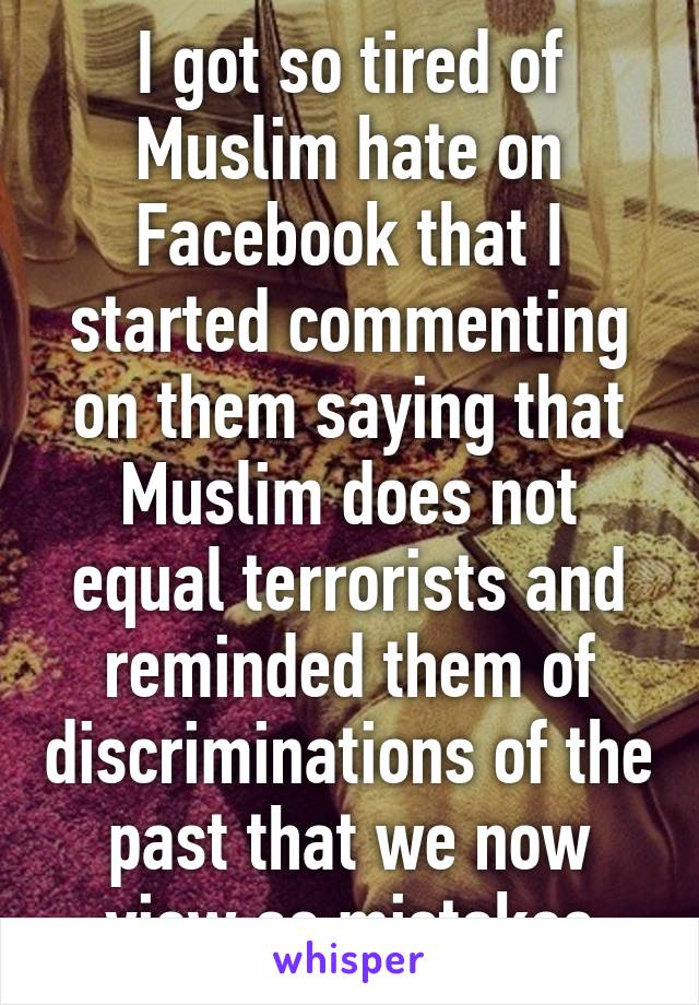 I got so tired of Muslim hate on Facebook that I started commenting on them saying that Muslim does not equal terrorists and reminded them of discriminations of the past that we now view as mistakes