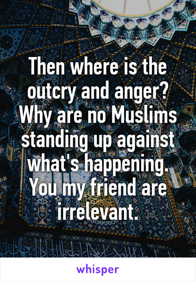 Then where is the outcry and anger? Why are no Muslims standing up against what's happening. You my friend are irrelevant.