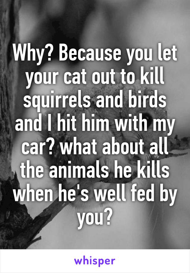 Why? Because you let your cat out to kill squirrels and birds and I hit him with my car? what about all the animals he kills when he's well fed by you?