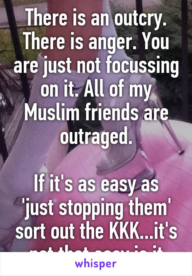 There is an outcry. There is anger. You are just not focussing on it. All of my Muslim friends are outraged.

If it's as easy as 'just stopping them' sort out the KKK...it's not that easy is it