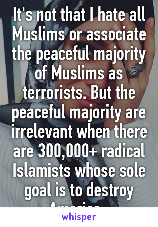 It's not that I hate all Muslims or associate the peaceful majority of Muslims as terrorists. But the peaceful majority are irrelevant when there are 300,000+ radical Islamists whose sole goal is to destroy America. 