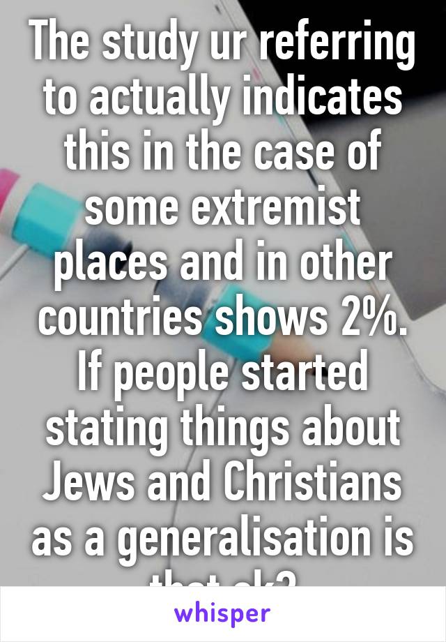 The study ur referring to actually indicates this in the case of some extremist places and in other countries shows 2%. If people started stating things about Jews and Christians as a generalisation is that ok?