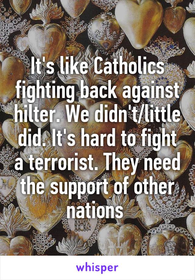 It's like Catholics fighting back against hilter. We didn't/little did. It's hard to fight a terrorist. They need the support of other nations 