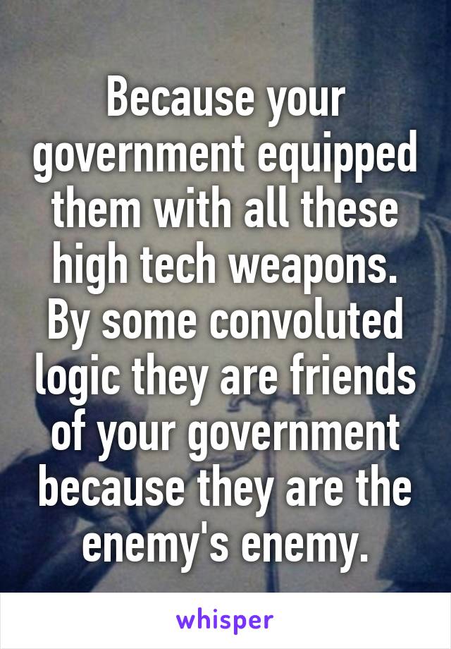 Because your government equipped them with all these high tech weapons. By some convoluted logic they are friends of your government because they are the enemy's enemy.