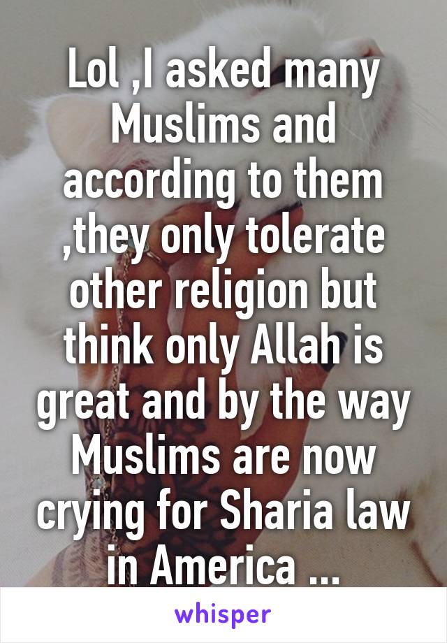 Lol ,I asked many Muslims and according to them ,they only tolerate other religion but think only Allah is great and by the way Muslims are now crying for Sharia law in America ...