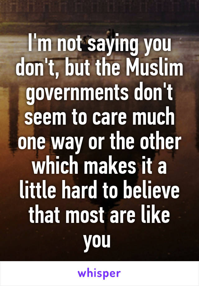 I'm not saying you don't, but the Muslim governments don't seem to care much one way or the other which makes it a little hard to believe that most are like you 