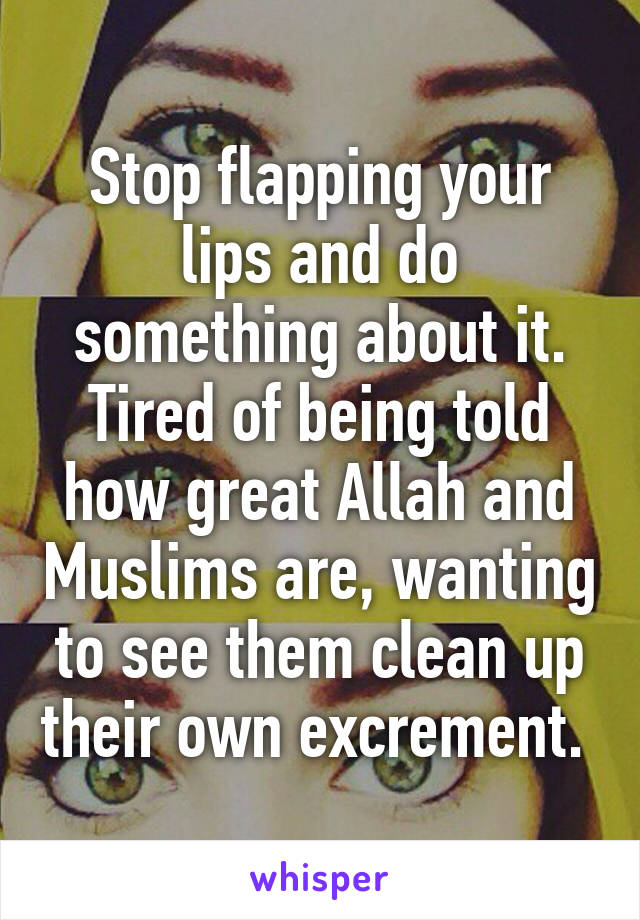 Stop flapping your lips and do something about it. Tired of being told how great Allah and Muslims are, wanting to see them clean up their own excrement. 