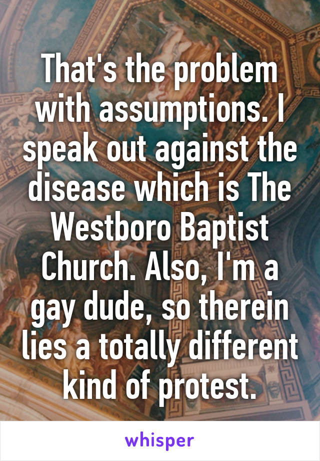 That's the problem with assumptions. I speak out against the disease which is The Westboro Baptist Church. Also, I'm a gay dude, so therein lies a totally different kind of protest.