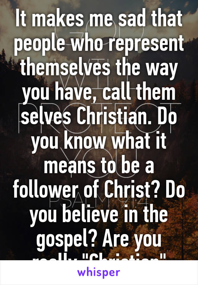 It makes me sad that people who represent themselves the way you have, call them selves Christian. Do you know what it means to be a follower of Christ? Do you believe in the gospel? Are you really "Christian"