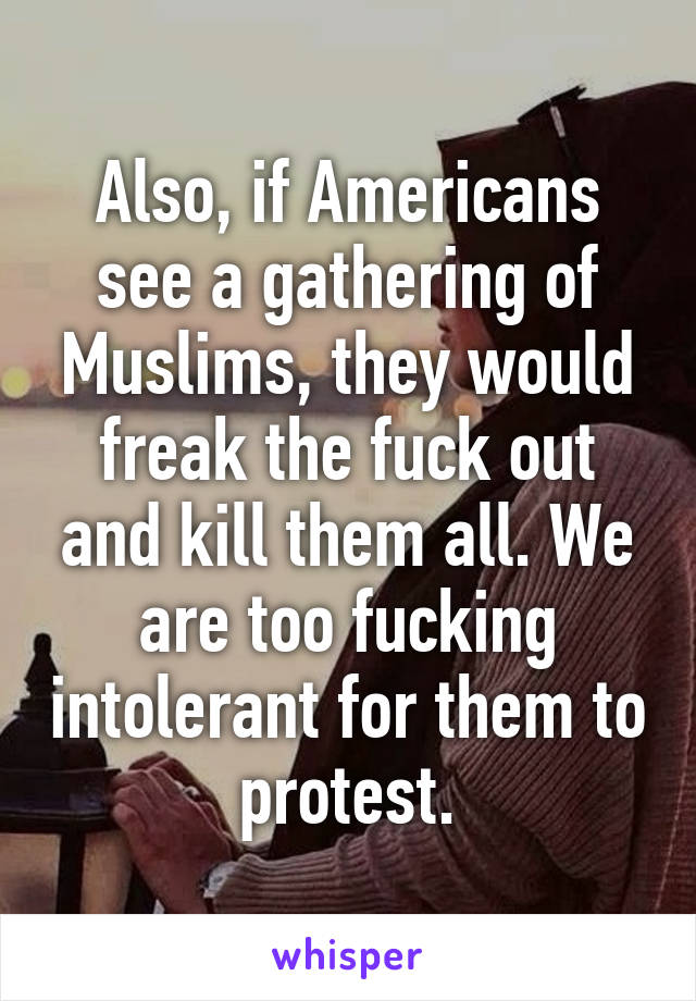 Also, if Americans see a gathering of Muslims, they would freak the fuck out and kill them all. We are too fucking intolerant for them to protest.