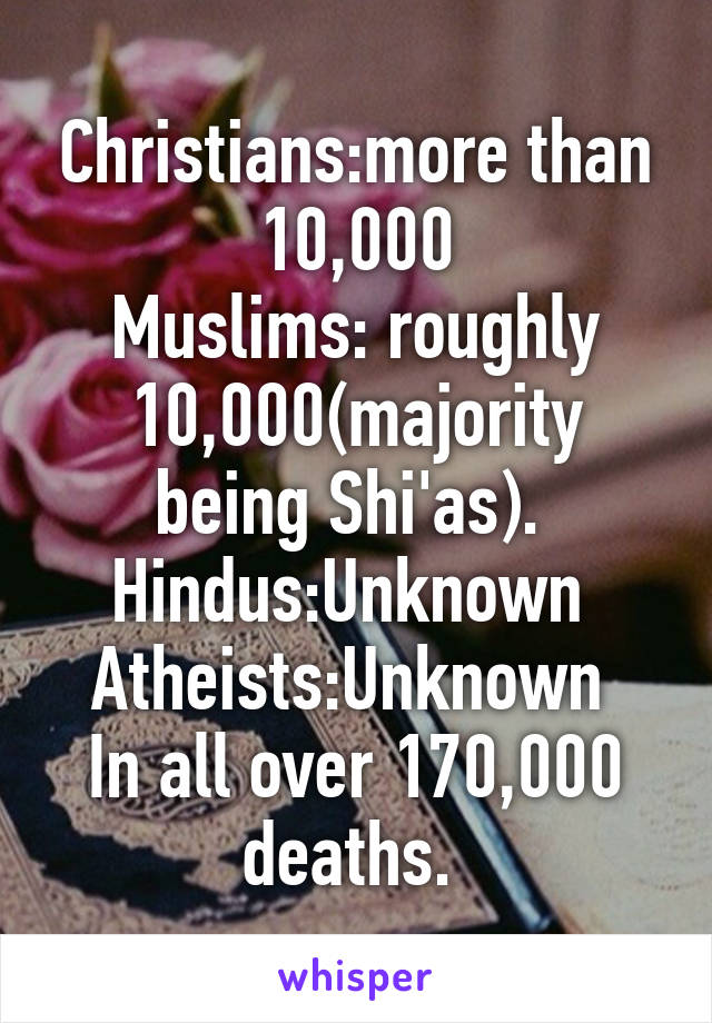 Christians:more than 10,000
Muslims: roughly 10,000(majority being Shi'as). 
Hindus:Unknown 
Atheists:Unknown 
In all over 170,000 deaths. 