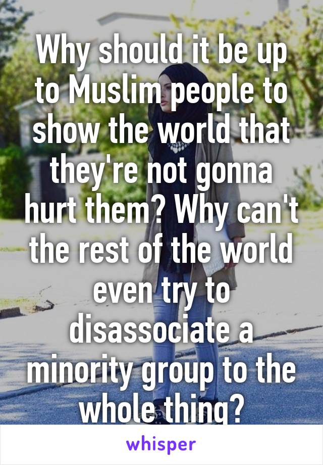 Why should it be up to Muslim people to show the world that they're not gonna hurt them? Why can't the rest of the world even try to disassociate a minority group to the whole thing?