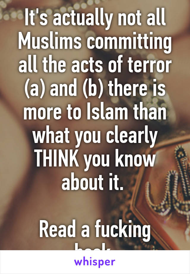 It's actually not all Muslims committing all the acts of terror (a) and (b) there is more to Islam than what you clearly THINK you know about it. 

Read a fucking book.