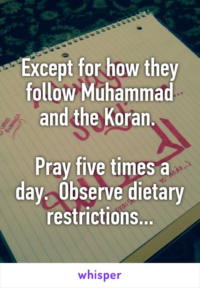 Except for how they follow Muhammad and the Koran. 

 Pray five times a day.  Observe dietary restrictions...