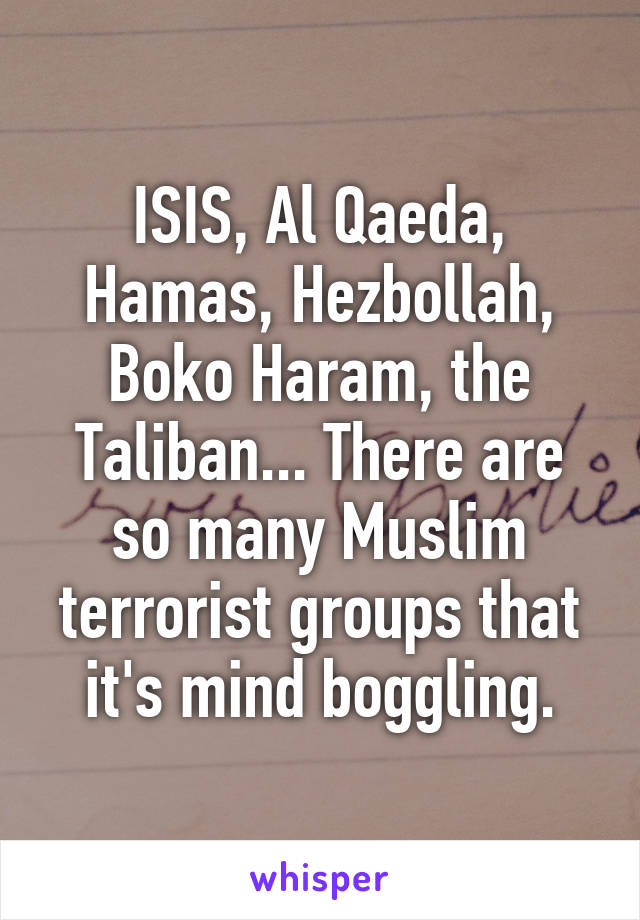 ISIS, Al Qaeda, Hamas, Hezbollah, Boko Haram, the Taliban... There are so many Muslim terrorist groups that it's mind boggling.