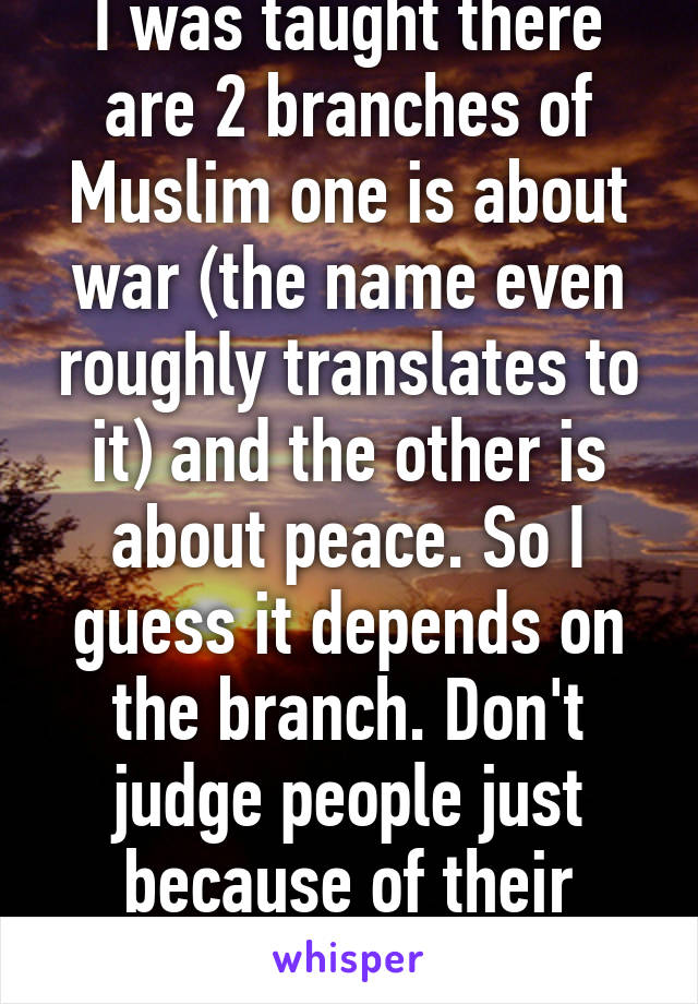 I was taught there are 2 branches of Muslim one is about war (the name even roughly translates to it) and the other is about peace. So I guess it depends on the branch. Don't judge people just because of their religion.