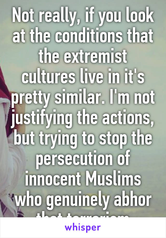 Not really, if you look at the conditions that the extremist cultures live in it's pretty similar. I'm not justifying the actions, but trying to stop the persecution of innocent Muslims who genuinely abhor that terrorism