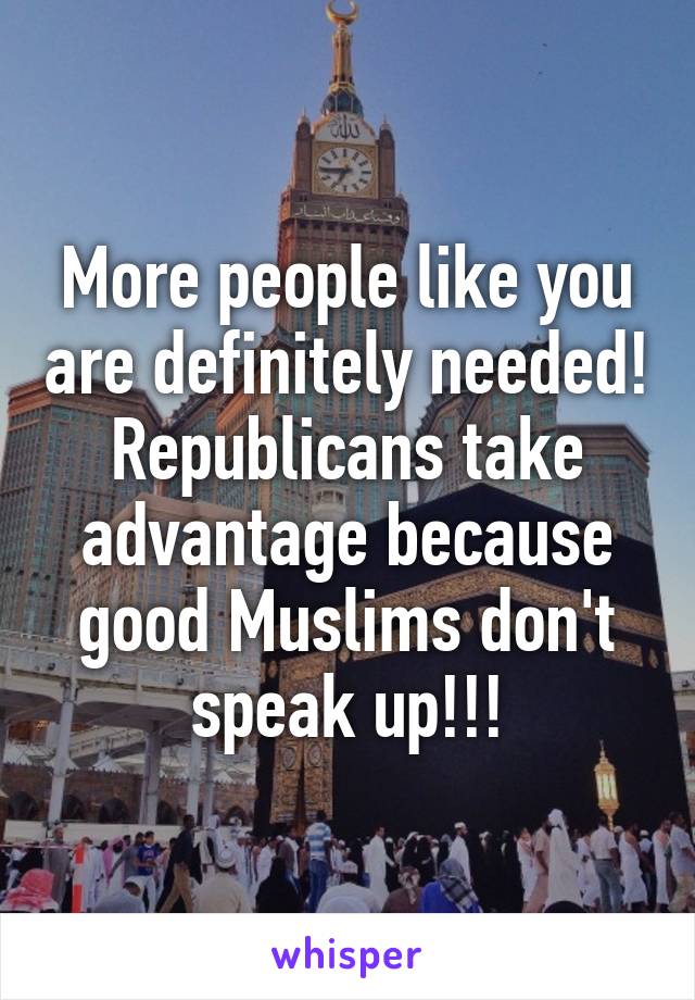 More people like you are definitely needed! Republicans take advantage because good Muslims don't speak up!!!